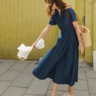 Collared Stitched Maxi Denim Dress Blue - One Size