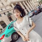 Short-sleeve Square Neck Buttoned Knit Dress