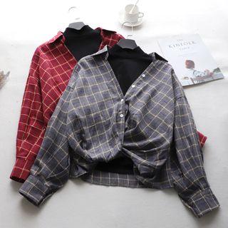 Set: Mock Neck Sleeveless Top + Plaid Shirt