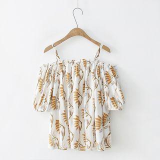Short-sleeve Cold Shoulder Floral Print Top White - One Size
