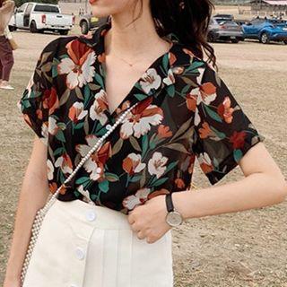 Flower Printed Loose-fit Short-sleeve Shirt