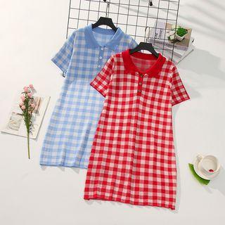 Gingham Short-sleeve Polo Knit Dress