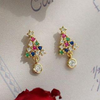 Christmas Tree Rhinestone Sterling Silver Earring 1 Pair - Silver - One Size