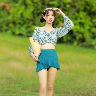 Set: Long-sleeve Flower Print Tankini Top + Ruffle Swim Skirt