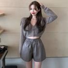Cropped Button-down Furry Knit Top / Faux-leather Shorts