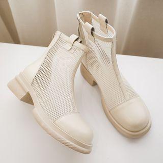 Chunky Heel Cap-toe Mesh Short Boots