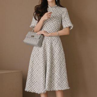 Short-sleeve Tweed Midi A-line Dress