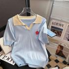 Short-sleeve Flower Knit Polo Shirt Blue - One Size