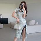 Short-sleeve Floral Lace Trim Qipao