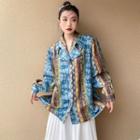 Long-sleeve Print Blouse Blue & Yellow - One Size