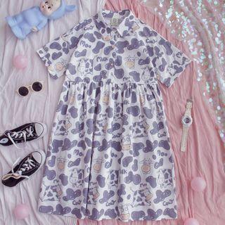 Short-sleeve Cow Print Shirtdress Black & White - One Size