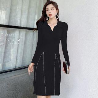 V-neck Zip-up Knit Sheath Dress