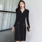 V-neck Zip-up Knit Sheath Dress