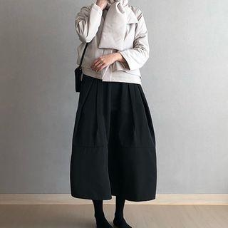 Buttoned Padded Jacket With Scarf / Midi A-line Skirt