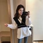 Set Of 2: Knit Cropped Vest + Plain Long-sleeve Blouse