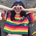 Striped Short-sleeve Crop T-shirt Stripe - Multicolor - One Size