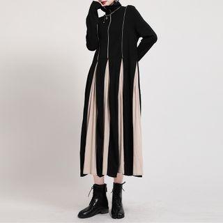 Long-sleeve Midi Pleated Dress Black - One Size