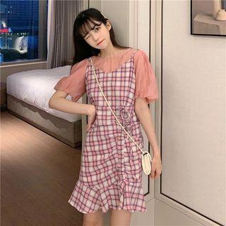 Puff-sleeve Top / Spaghetti Strap Plaid Dress