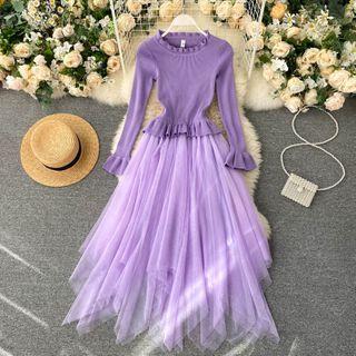 Round-neck Long-sleeve Ruffle Panel Mesh Dress