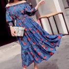 Flower Print Off-shoulder 3/4-sleeve Midi A-line Dress