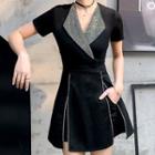Set: Rhinestone Short-sleeve Mini A-line Dress + Shorts