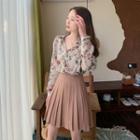 Floral Long-sleeve Shirt / Pleated Mini Skirt / Loose Fit Cardigan