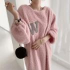 Long-sleeve Number Embroidered Midi Shift Dress