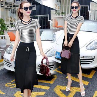 Set: Short-sleeve Striped Top + Buckled Skirt