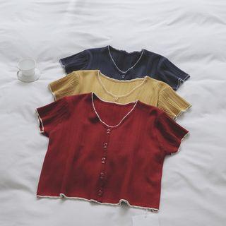 V Collar Short-sleeved Striped Knit Top