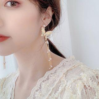Rhinestone Butterfly Faux Pearl Fringed Earring 1 Pair - Bm0637 - Gold - One Size