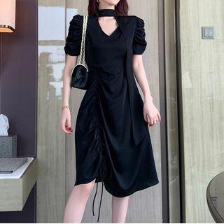 Short-sleeve Drawcord Chiffon A-line Dress