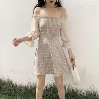 Off-shoulder Plaid 3/4-sleeve Dress