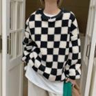 Round-neck Color Block Plaid Long-sleeve Sweater