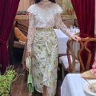 Floral Ruffle Trim Midi Straight-fit Skirt