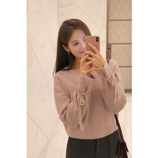V-neck Tie-cuff Ribbed Sweater Pink - One Size