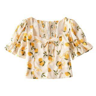 Lemon Print Elbow-sleeve Cropped Blouse