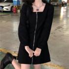 Long-sleeve Square-neck Zip-up Mini Dress Black - One Size
