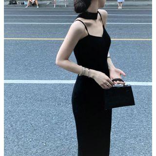 Spaghetti-strap Halter Knit Maxi Sheath Dress