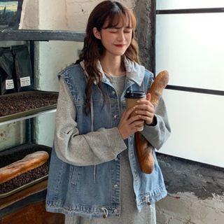 Long Sweatshirt / Hooded Denim Vest