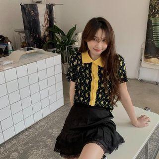 Short-sleeve Floral Print Polo Knit Top Green & Black & Yellow - One Size