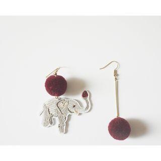 Non-matching Pom Pom Embroidered Elephant Dangle Earring