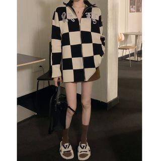 Embroidered Check Zip-up Cardigan Check - Black & White - One Size