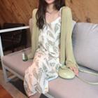 Long-sleeve Plain Cardigan / Spaghetti-strap Printed Dress