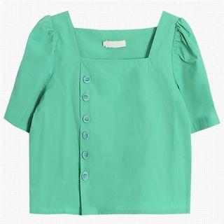 Elbow-sleeve Square-neck Button-up Blouse