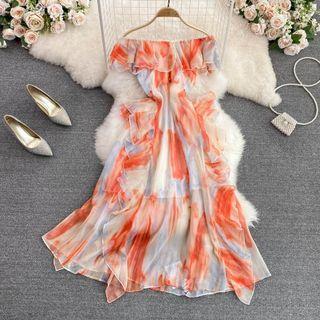 Off-shoulder Tie-dye A-line Dress