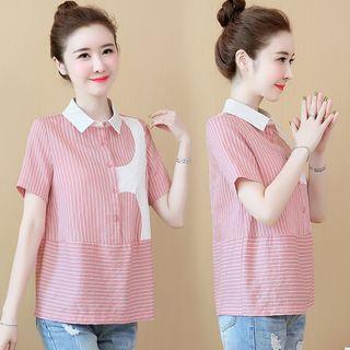Striped Color Block Short-sleeve Blouse