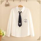 Pocket-front Rabbit Embroidered Long-sleeve Shirt With Tie