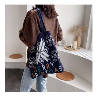 Lettering Snowflake Knit Tote Bag