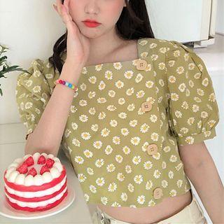 Square Neck Puff Sleeve Daisy Printed Top