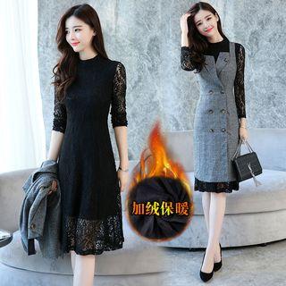 Set: Long-sleeve Lace Dress + Plaid Pinafore Dress